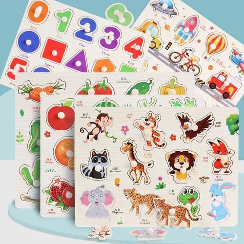 Montessori Wooden Puzzles Baby Educational Toys Hand Grab Boards Tangram Cartoon Animals Fruits 3D Puzzles for babies 2 3 years
